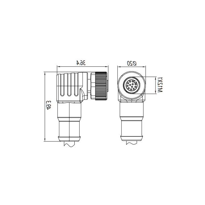 M12 12Pin、母头90°、单端预铸PVC非柔性电缆、灰色护套、64S493-XXX